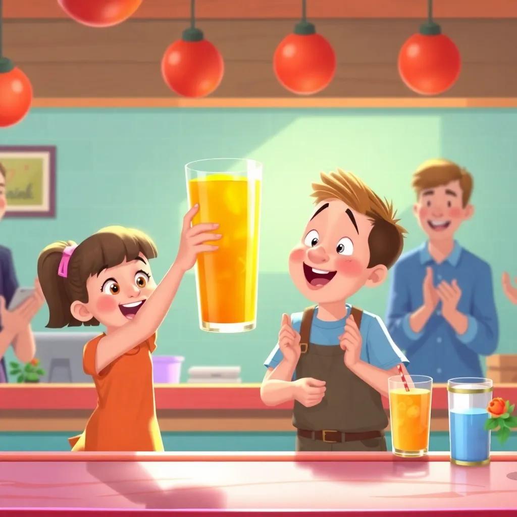 Lily returning excitedly with a fresh glass of bright orange juice, Timmy looking amazed and happy, other customers clapping, bright colors, lively atmosphere, joyful moment