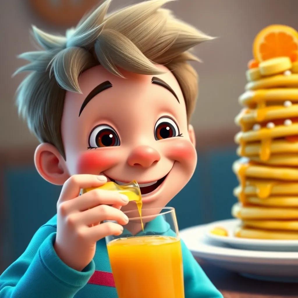 A close-up of Timmy happily sipping fresh orange juice, looking satisfied with a big smile, loaded pancakes in the background, colorful and vibrant, happiness in focus