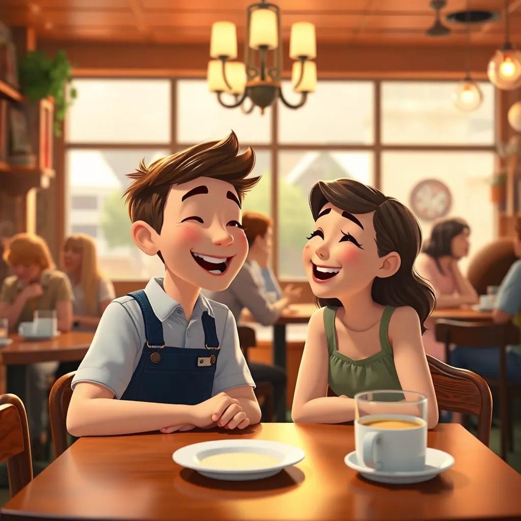 Timmy and Lily sharing a laugh as the café is filled with warmth and buzzing conversations, cozy ambiance, friendly interactions among the diners, inviting and cheerful