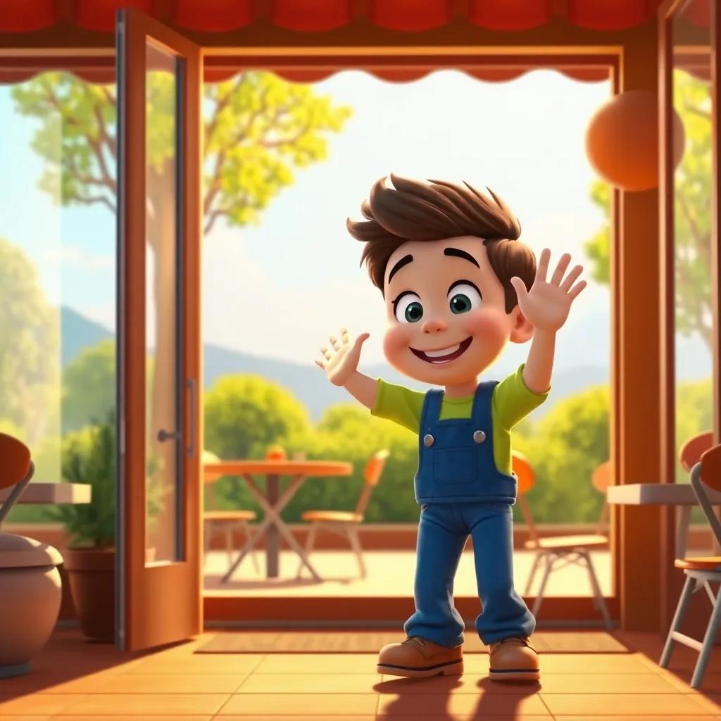 Timmy leaving the café with a happy heart, waving goodbye to Lily, enjoying his happy experience, brightly colored scenery outside the café, warm sunlight, uplifting scene