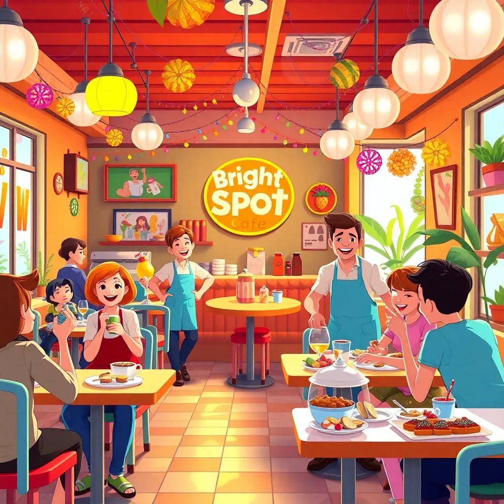 A joyful scene inside the Bright Spot Café with happy diners, cheerful servers, and delicious food on tables, colorful decorations everywhere, illustrating the vibrant café life