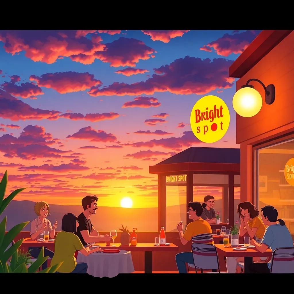 A breathtaking sunset view outside The Bright Spot Café, with happy diners enjoying their time, a feeling of warmth and community, harmonious colors