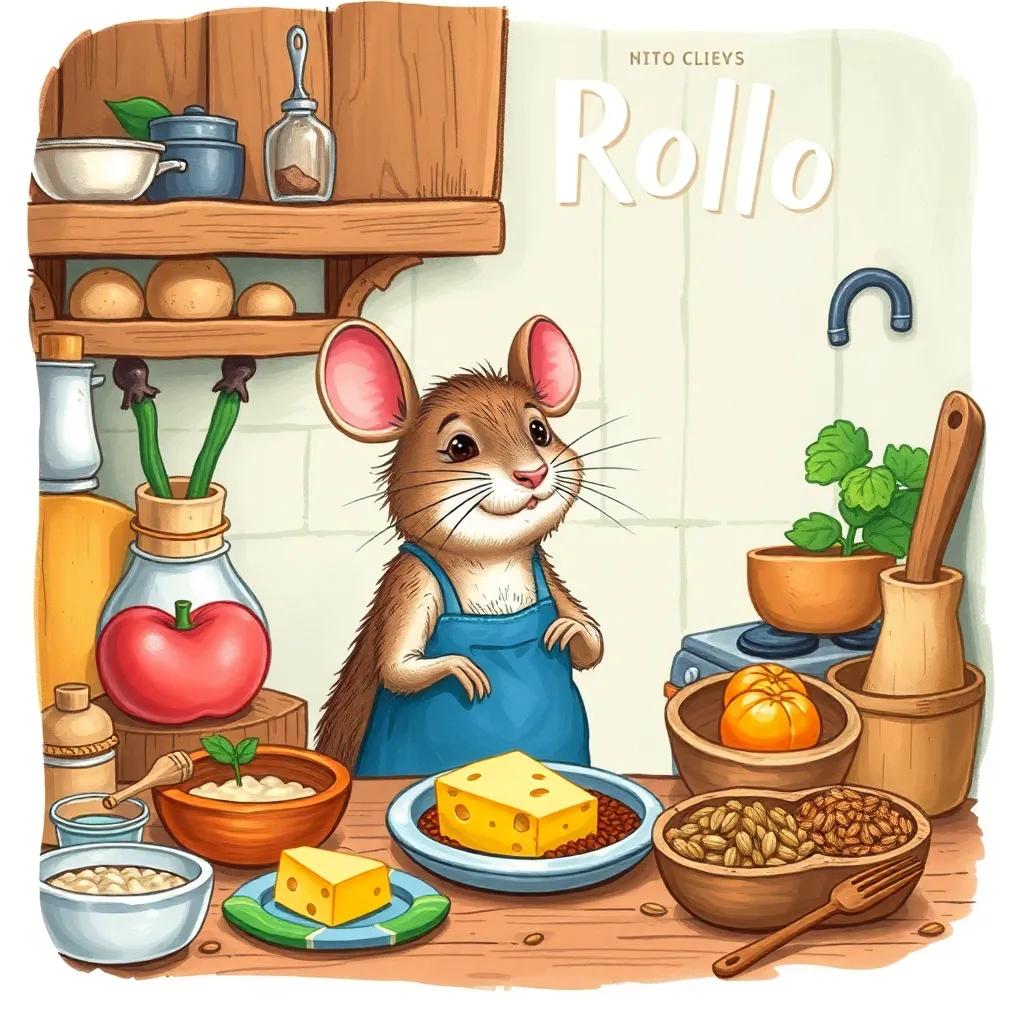 A clever rat named Rollo, cooking in a tiny kitchen, gathered ingredients like cheese, veggies, and seeds, colorful, organic, cheerful atmosphere, detailed, high quality