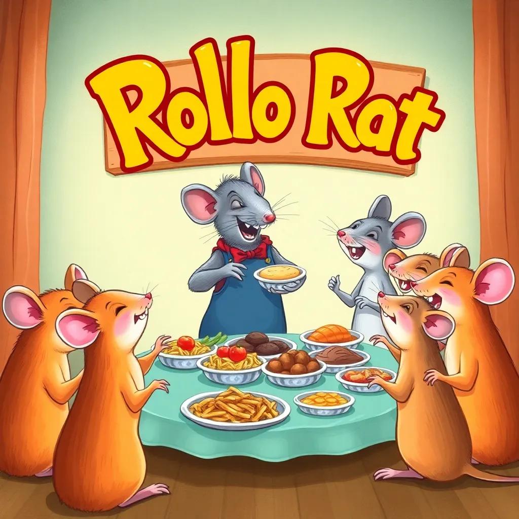 Rollo the rat serving food to his friends, a group of happy mice, laughing together at a small table, surrounded by delicious dishes, bright, inviting, heartwarming scene, vibrant colors, high quality