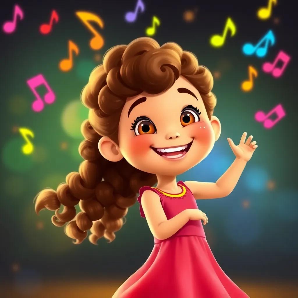 A cheerful girl named Ella, around 4 years old, with curly brown hair wearing a bright dress, smiling as she dances under colorful musical notes, digital art, bright and cheerful colors, lively atmosphere, high quality