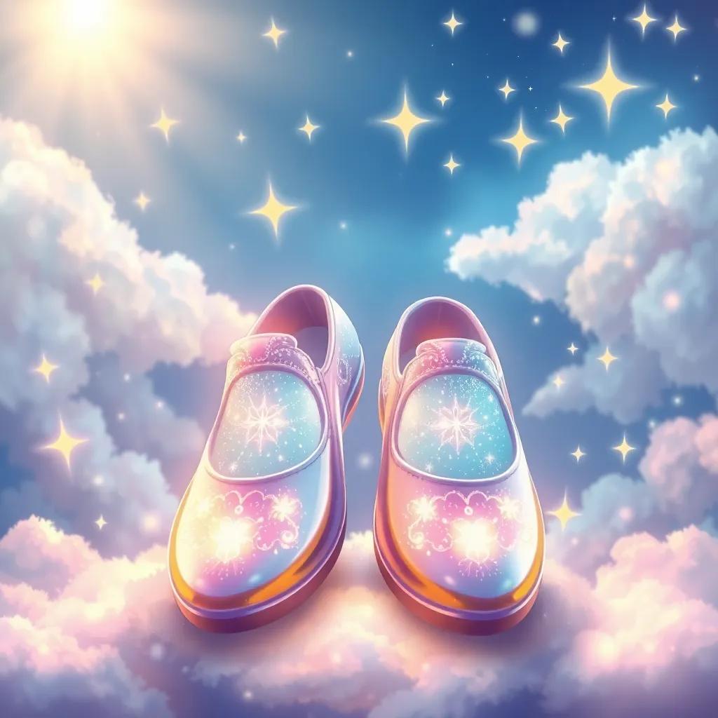 A pair of shiny magical shoes, sparkling in the sunlight, surrounded by twinkling stars and fluffy clouds, illustration, magical, dreamy scene, colorful, high quality