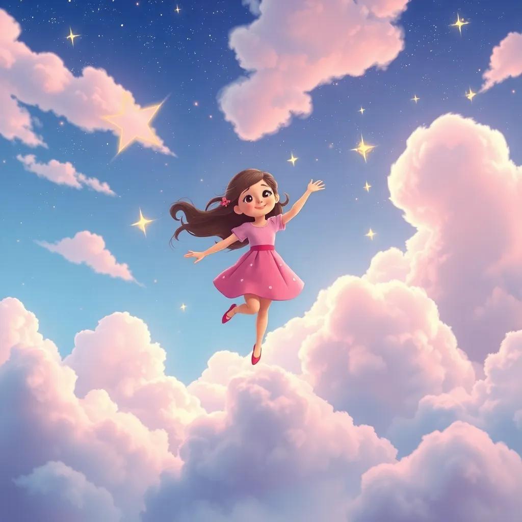 A vibrant sky with Ella dancing among fluffy clouds and twinkling stars, digital art, whimsical and joyful, light colors, uplifting view, high quality