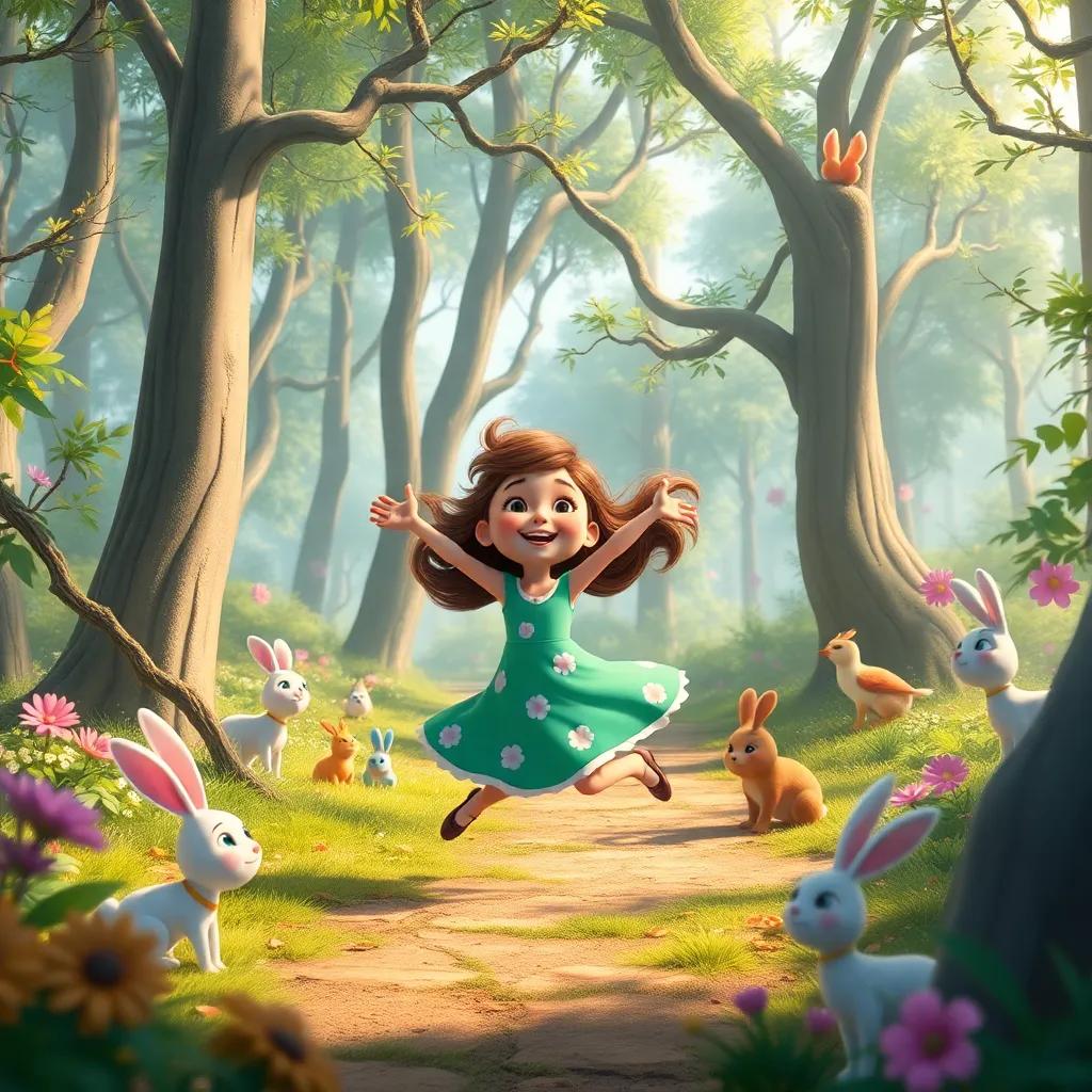 Ella joyfully dancing in a magical forest, surrounded by swaying trees and playful animals, like rabbits and birds, bright colors, cheerful and lively atmosphere, high quality