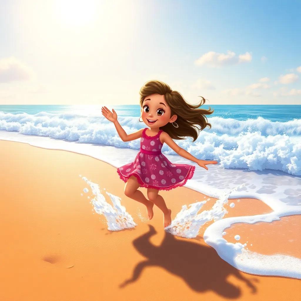 Ella dancing on a sandy beach with waves splashing around her, the sun shining bright, digital painting, warm and sunny colors, joyful scene, high quality