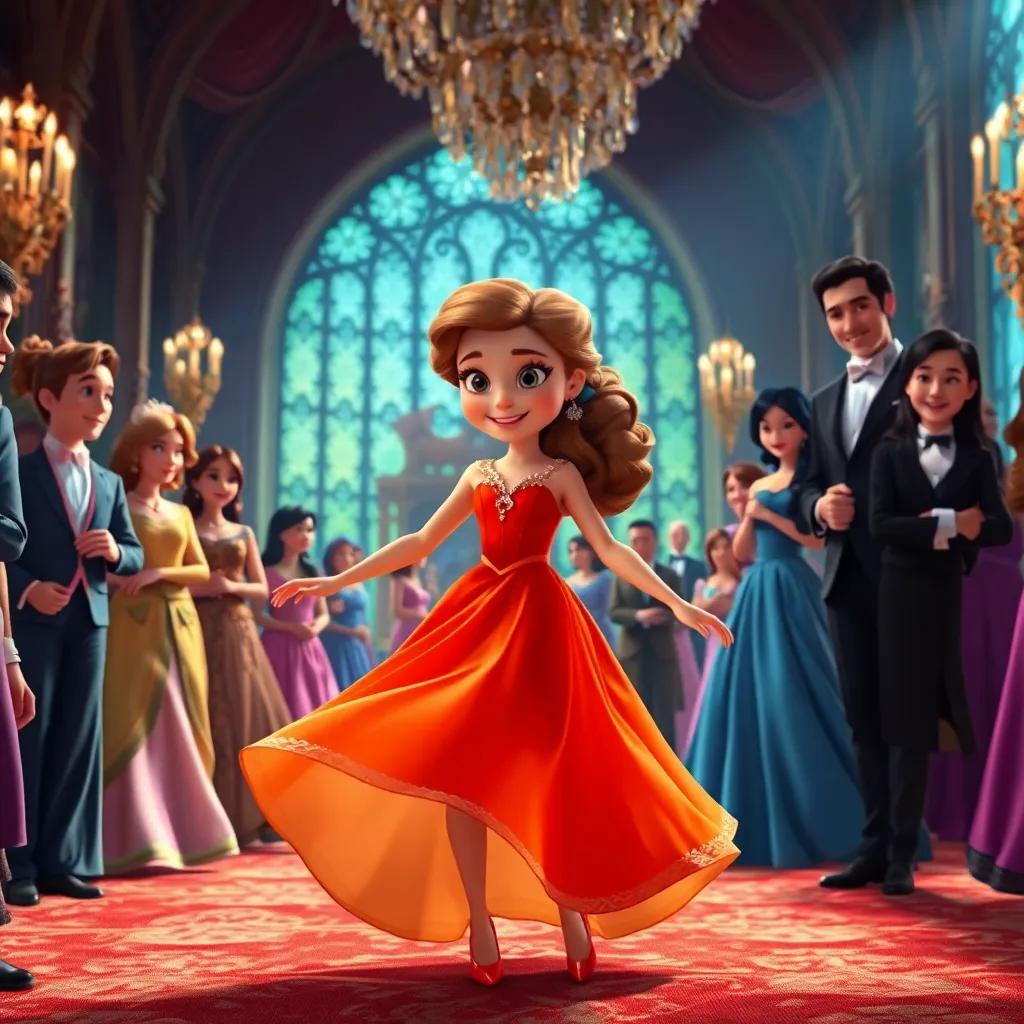 Ella in a grand castle ball, twirling in her bright dress among people in fancy clothes, they smile at her, colorful and elegant setting, digital art, high quality