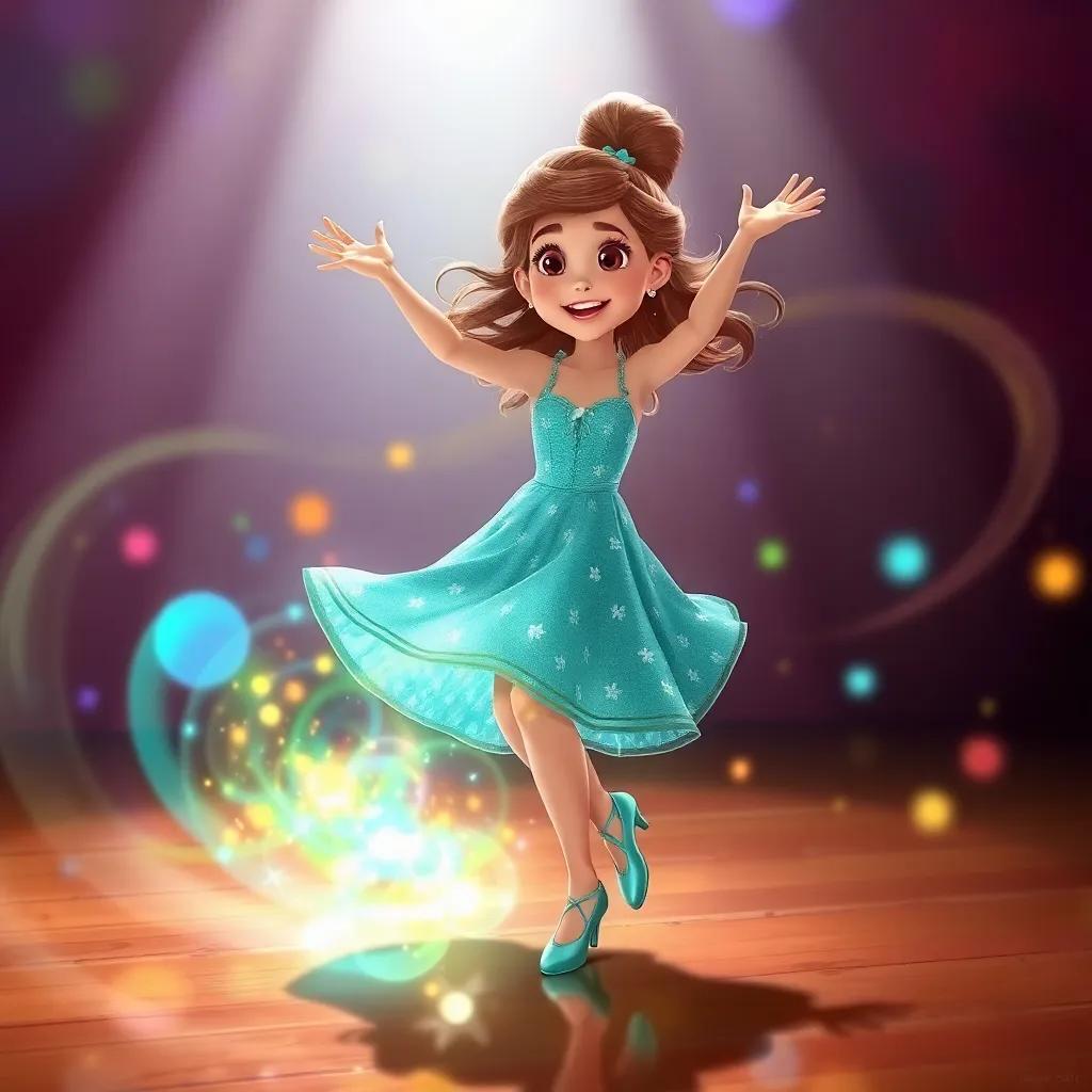 Ella expressing herself through dance, the magical shoes shining bright, with colors swirling around her, a joyful and dynamic scene, digital art, high quality