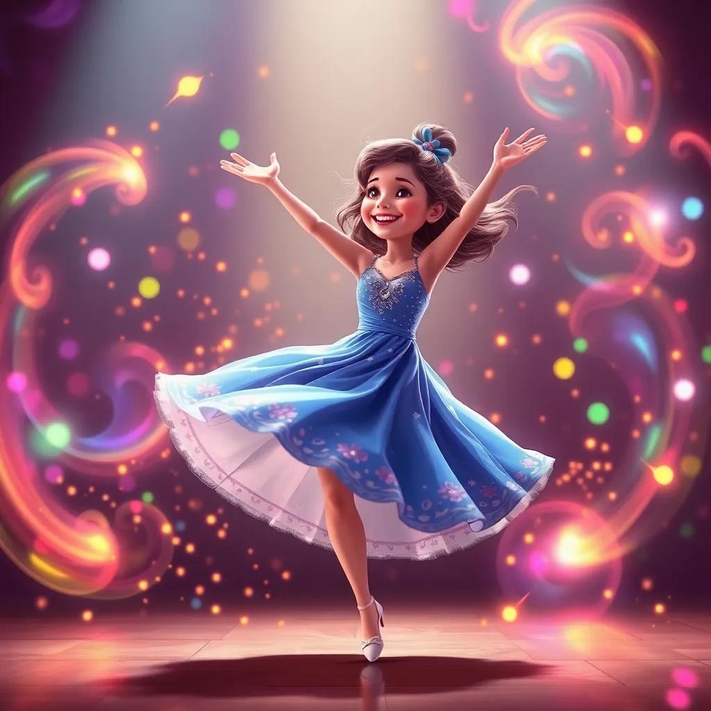 Ella dancing, with joy in her heart, among colorful light and creative swirls, the magic of dance captured in motion, bright colors, cheerful atmosphere, high quality