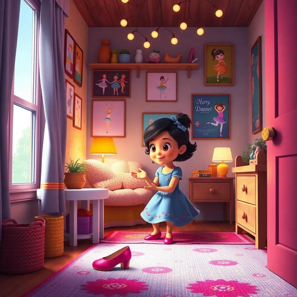 A cozy home with Ella looking at her magical shoes, her room filled with dance posters, bright colors, inviting and heartwarming scene, high quality