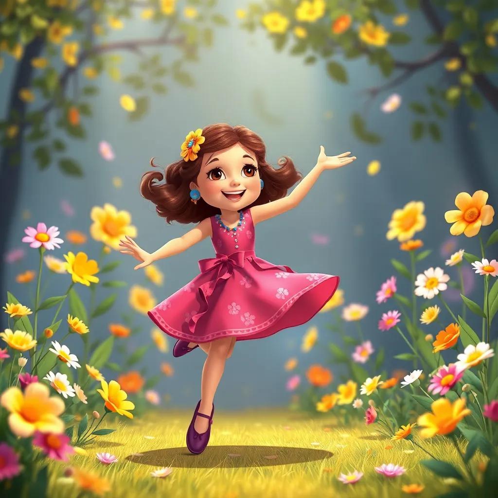 Ella dancing every day, with the magic of the shoes in her heart, bright flowers blooming around her, inclusive and joyful atmosphere, digital art, high quality