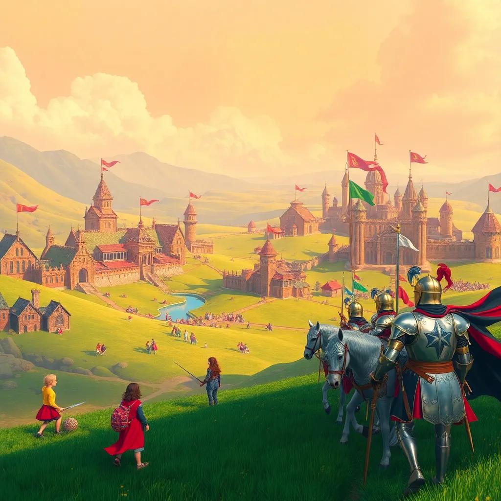 A vast landscape divided into different kingdoms with colorful banners flying, children playing and knights in shiny armor marching from the West, digital art, vibrant, bright colors, wide view, high quality