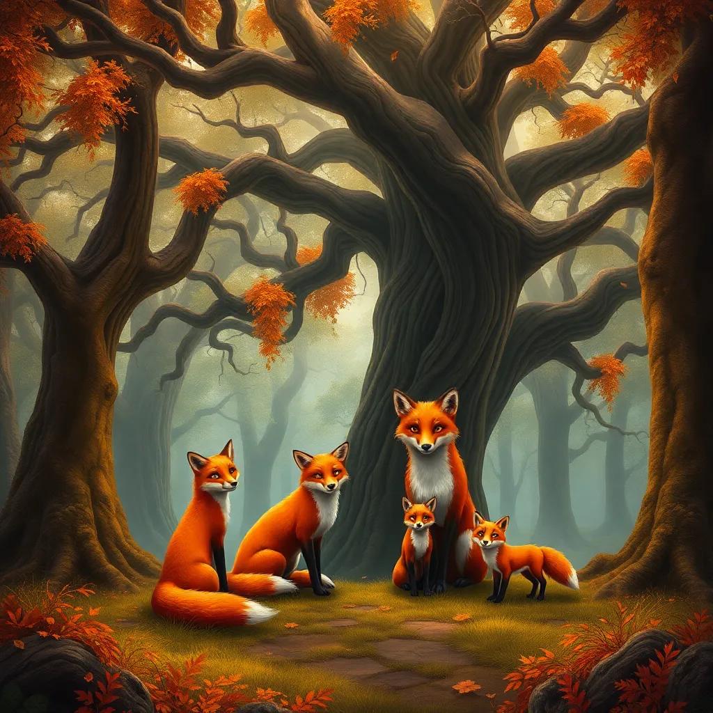 A serene ancient forest with whispering trees, the Ember Fox family gathered under a Great Oak. Vesper, a wise fox with amber eyes, Rune, a proud father fox with a bushy tail, and their three kits: Lark, a mischievous vixen, Ash, a gentle dreamer, and Flint, a bold young fox, all displaying rich orange, deep red, and gold colors, whimsical atmosphere, vibrant woodland, digital art, detailed, enchanted setting
