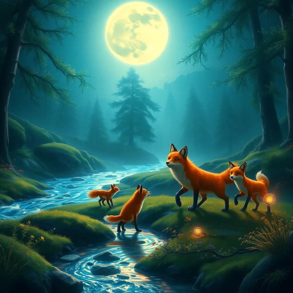 The Silver Stream sparkling under the moonlight, the Ember Fox family walking on mossy banks. Rune leading with silent paws, Flint learning to stalk with fiery determination, Lark chasing a glowing firefly, and Ash dreaming, reflecting the moon's light, enchanting landscape, magical realism, digital painting, vivid colors, tranquil night scene