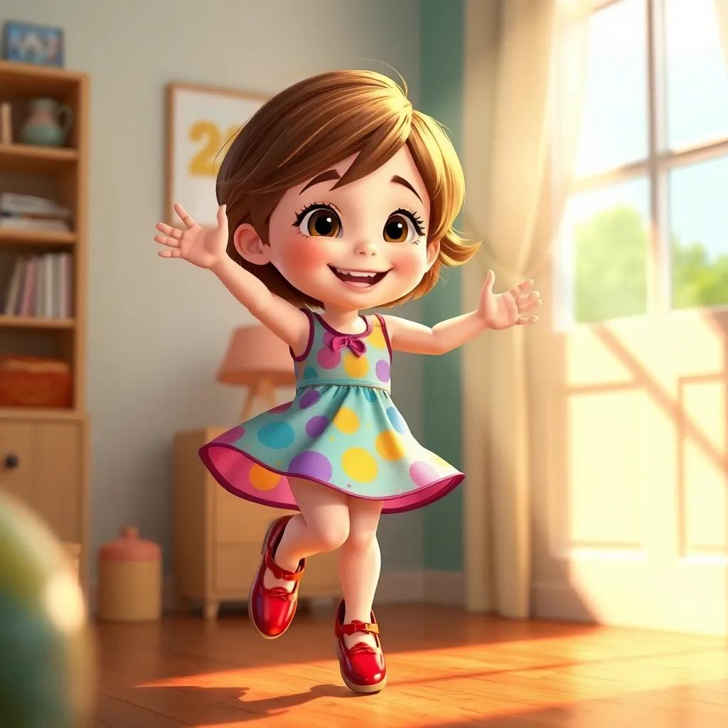 A little girl named Mia with short brown hair, wearing a colorful dress and shiny red shoes, spinning joyfully in her room with sunlight streaming in, cheerful, vibrant colors, high quality