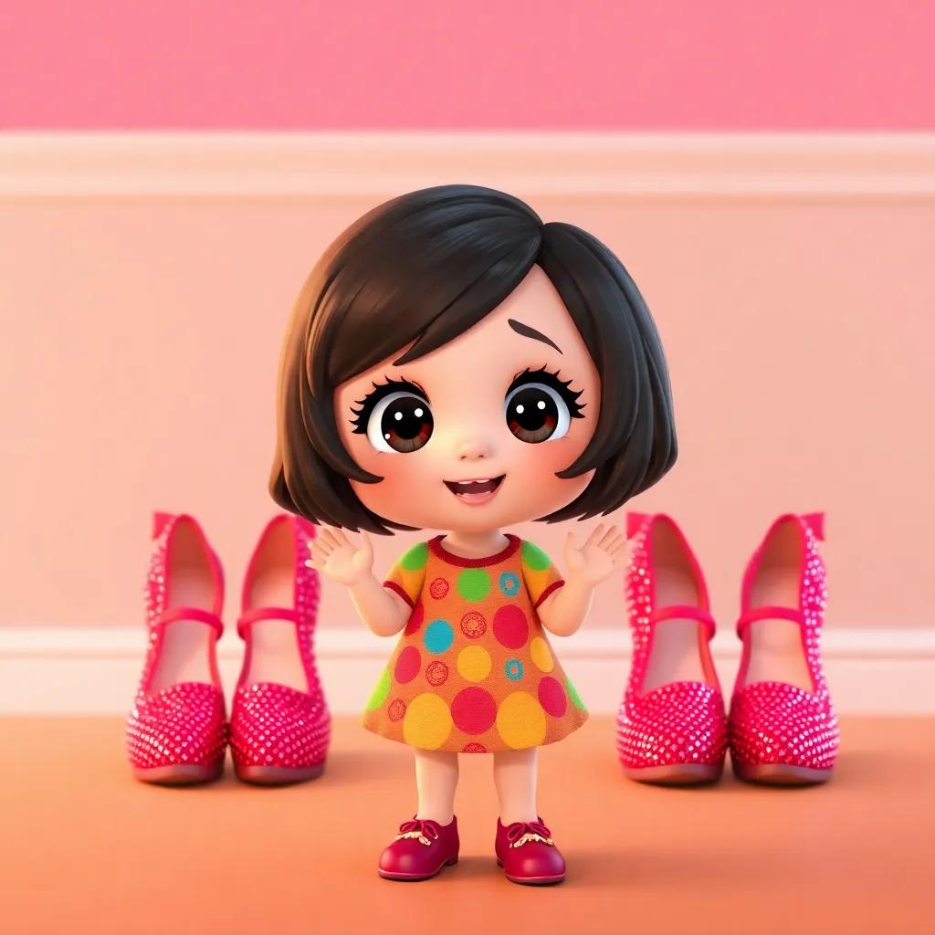 Mia, a little girl with short brown hair and a colorful dress, standing in front of a pair of bright red shimmering shoes, amazed and excited, cute and playful, digital art, whimsical
