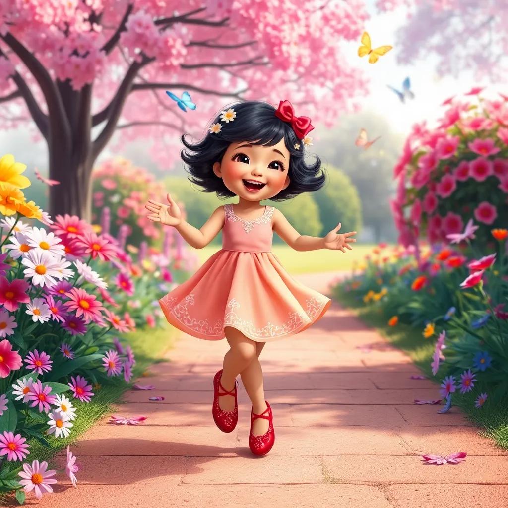 Mia, a little girl in her sparkling red shoes, dancing and laughing in a beautiful park with colorful flowers around her, butterflies flying, joyful atmosphere, bright colors, romantic style, high quality