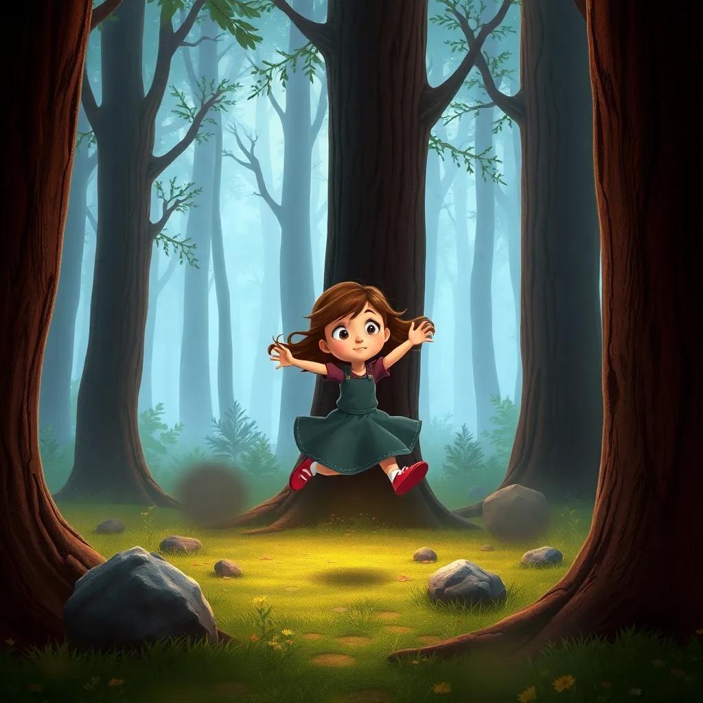 Mia, a little girl with brown hair, spinning quickly among tall trees in a mysterious forest, wearing red shoes, looking scared yet curious, enchanting scene, playful style, warm light