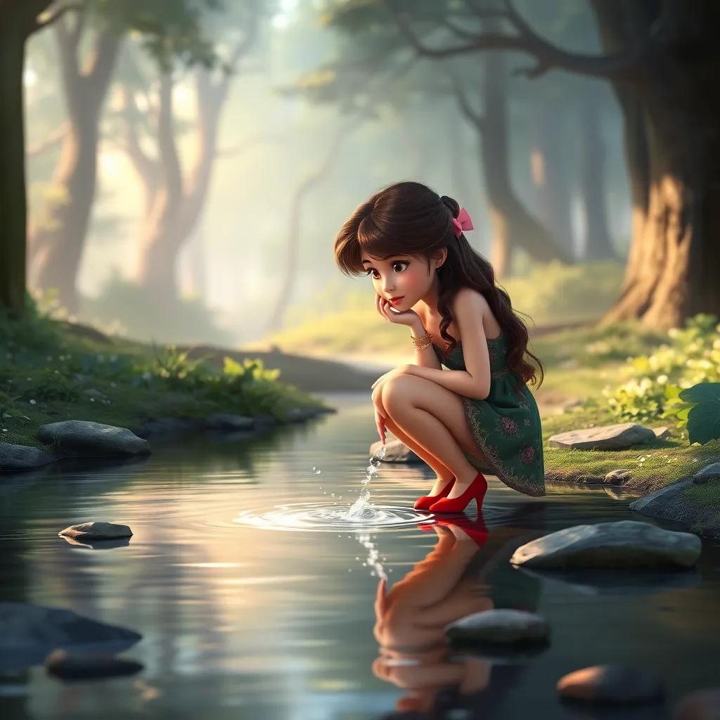 Mia kneeling by a gently flowing stream, splashing her feet thoughtfully, the enchanted red shoes shimmering beside her, peaceful forest background, digital art, delicate details, comforting light