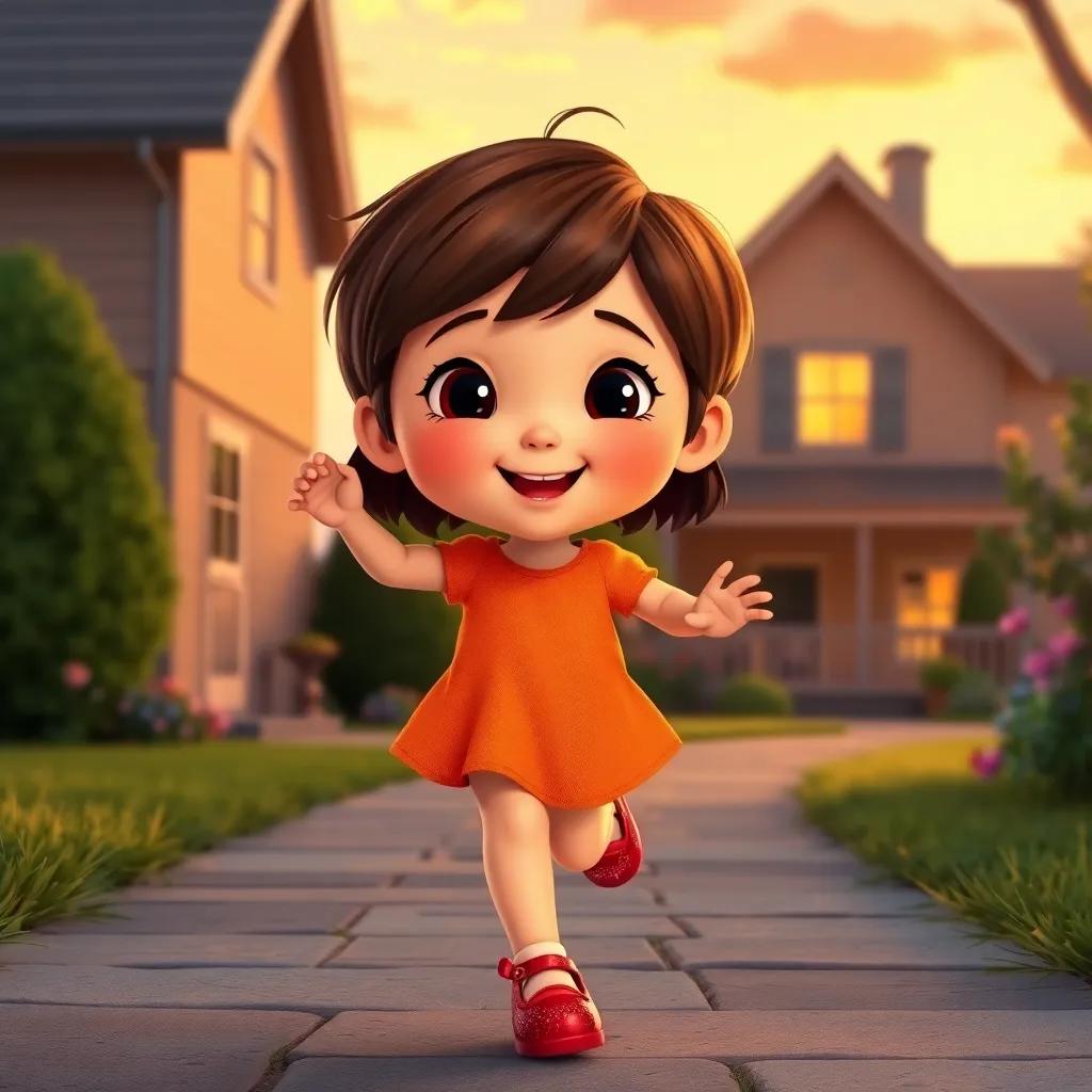Mia, a little girl with short brown hair, happily returning home in her shimmering red shoes, with her house in the background, warm sunset light, joyful atmosphere, colorful and inviting, high quality