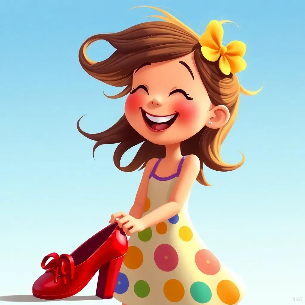 Mia smiling brightly as she looks at her red shoes, colorful dress and hair blowing in the wind, happy expressions, lively illustration, child-friendly