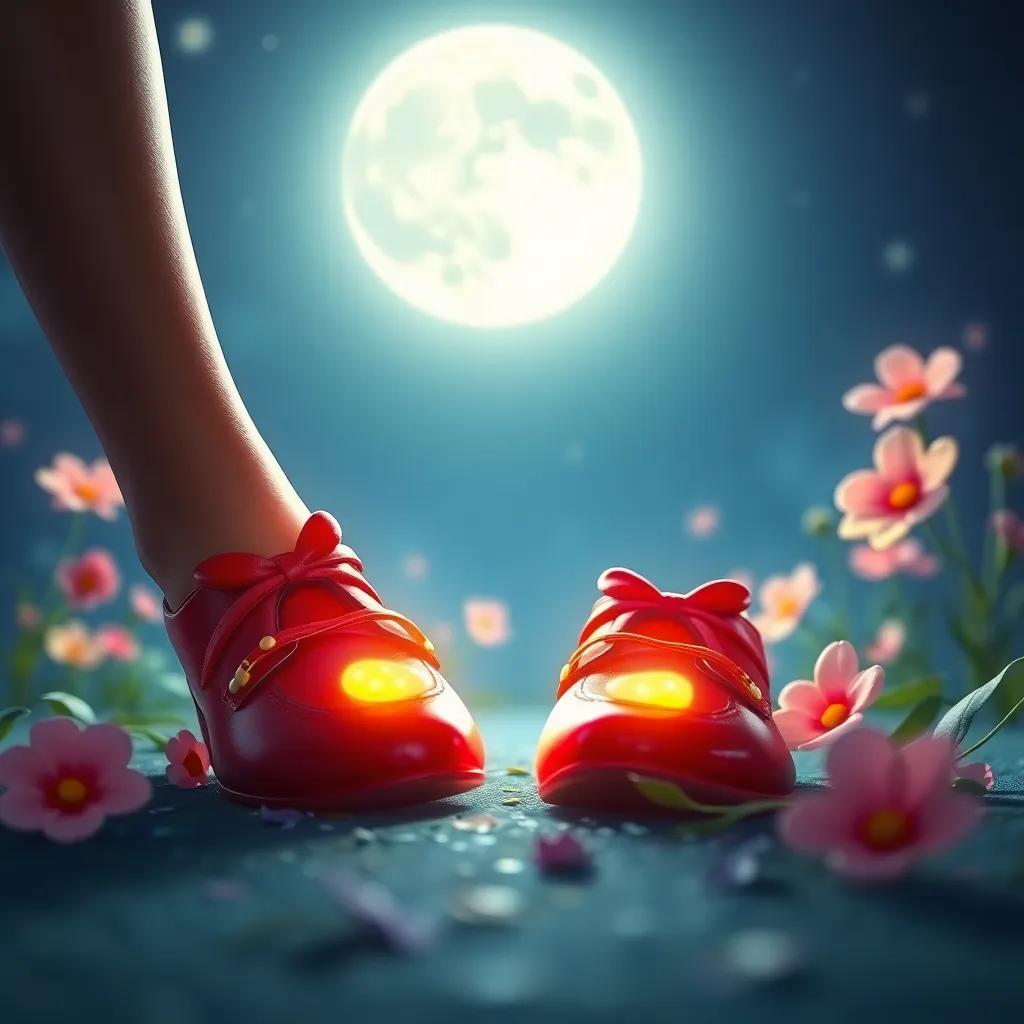 A close-up of Mia’s red shoes glowing under the moonlight, surrounded by flowers, symbolizing magic and adventure, whimsical styles, bright colors, artistic depiction