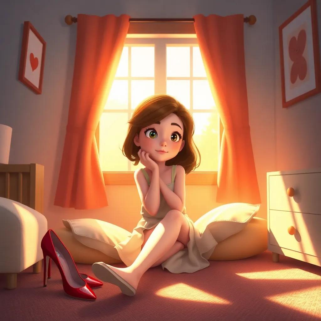 Mia sitting in her room, the red shoes beside her, thoughtful look on her face, sunlight shining through the window, warm and cozy atmosphere, digital painting, soft colors, charming scene