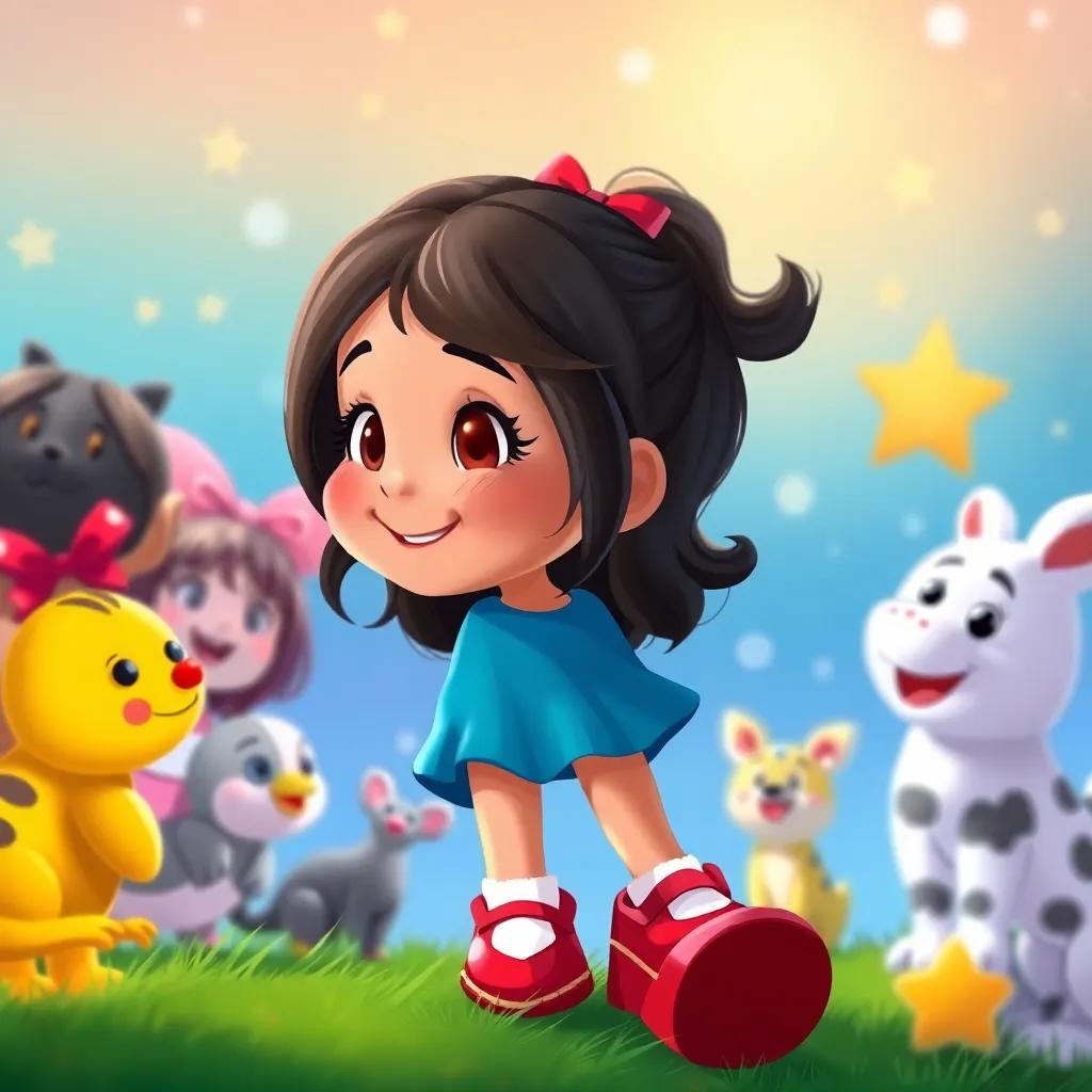Mia, a little girl, wearing her red shoes, reflecting on her magical adventure with a content smile, surrounded by friends, vibrant and happy setting, cheerful illustration