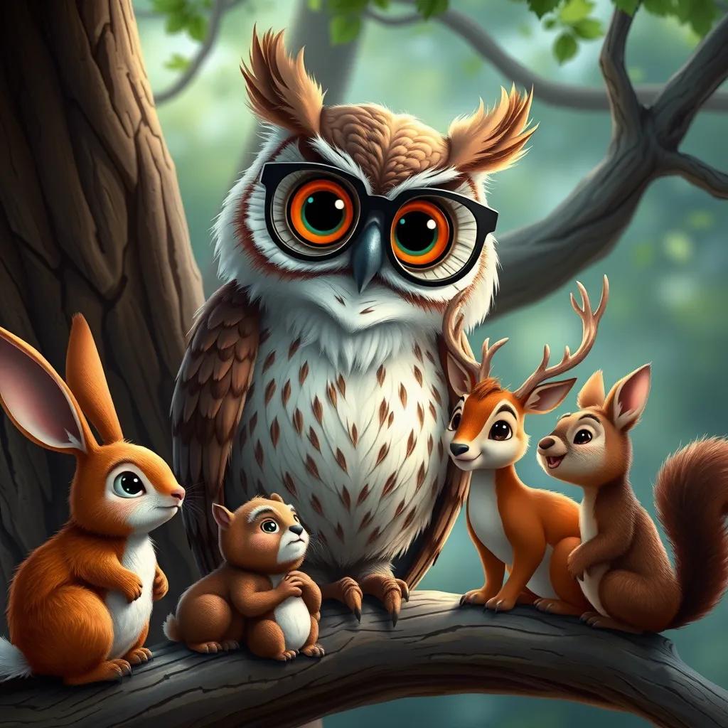 A wise old owl with big glasses perched on a branch, speaking to a group of animals including a rabbit, a deer, and a squirrel, detailed digital art, colorful