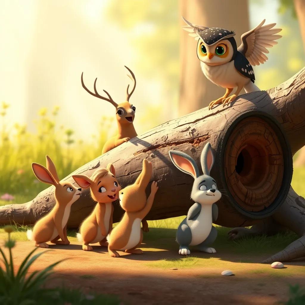 A group of animals including rabbits, deer, and an owl working together to move a fallen tree, showcasing teamwork, warm light, lively scene