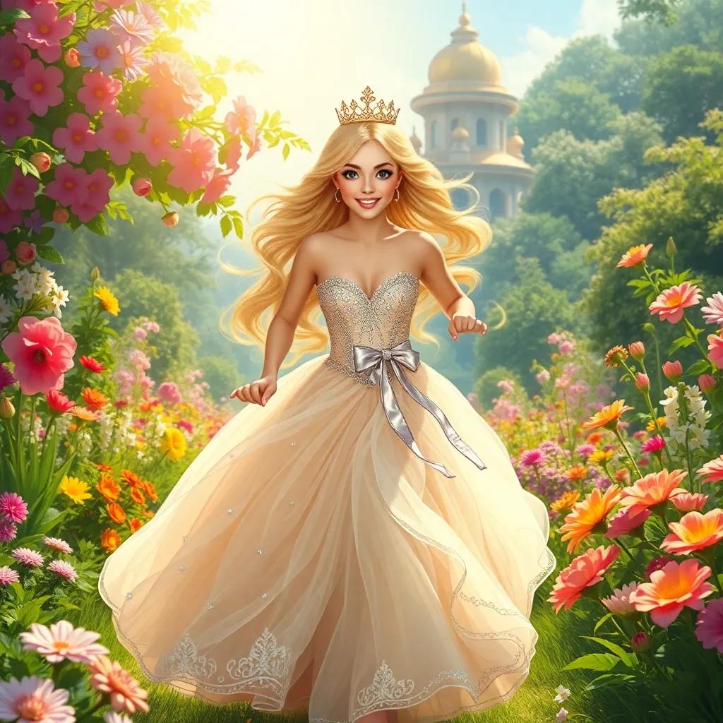 A beautiful princess Bella with golden hair wearing a sparkling gown, racing through a lush royal garden with colorful flowers, bright sunshine, joyful atmosphere, high quality