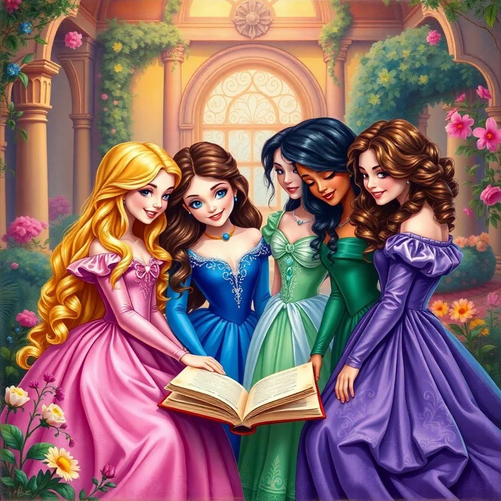 Four princesses in a royal garden: Bella with golden hair in a pink gown, Zara with sparkling blue eyes in a blue dress, Mia with flowing black hair in a green dress, Lila with curly brown hair in a purple gown, all smiling and looking at an old book, colorful setting, warm light, storytelling view, vibrant colors