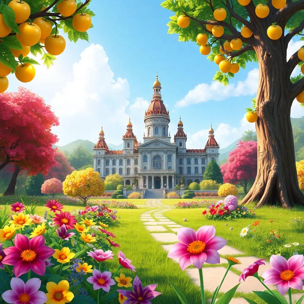 A grand palace in a lush garden with colorful flowers and a tall tree bearing shiny golden apples, sunny day, vibrant colors, cheerful atmosphere, illustrated art, high quality