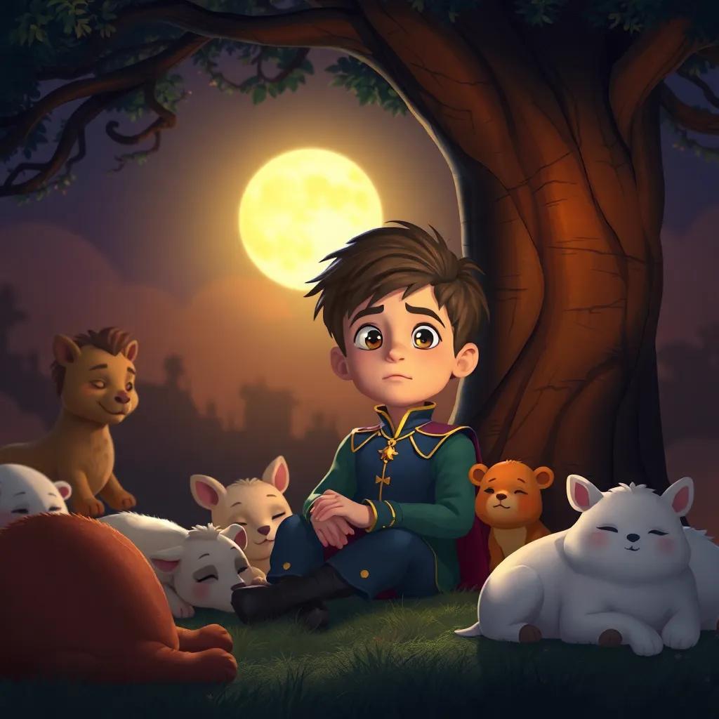 A young prince, the eldest son, stubbornly trying to stay awake under the tree, moonlit night, surrounded by sleepy animals, whimsical, engaging perspective, digital art, warm tones