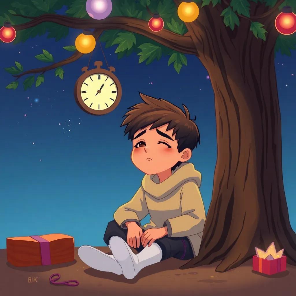 The second son, sitting under the tree, getting drowsy as the clock strikes twelve, his face mixing determination and sleepiness, illustrated style, soft colors, captivating scene, high quality