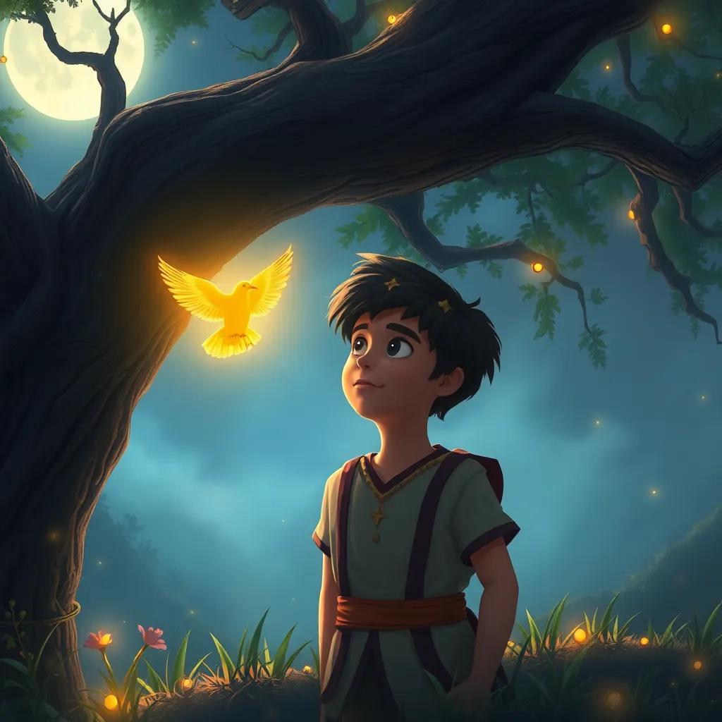 A young prince, the youngest son, wide-eyed beneath the tree, spotting the glowing golden bird in the moonlight, enchanted atmosphere, mystical visuals, digital painting, high detail