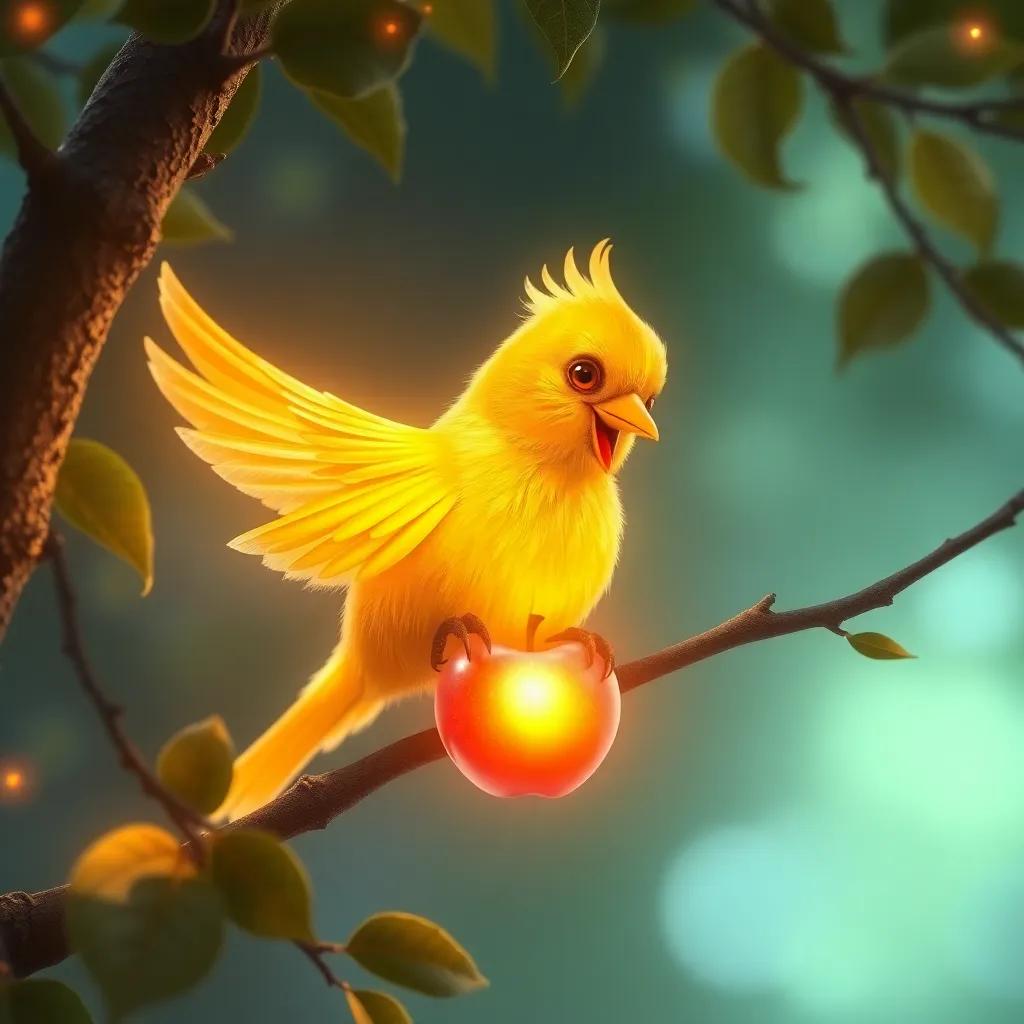 A luminous golden bird with bright feathers, perched on a tree branch, plucking a glowing apple, fairy-tale style, magical lighting, high quality, vivid imagery