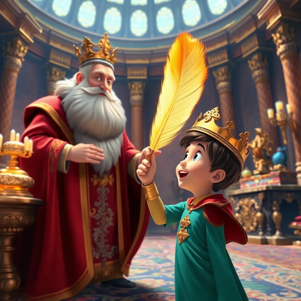 The young prince, excited and gasping, waving a shining golden feather in front of a wise old king, regal room filled with treasures, colorful details, storytelling perspective, rich visuals