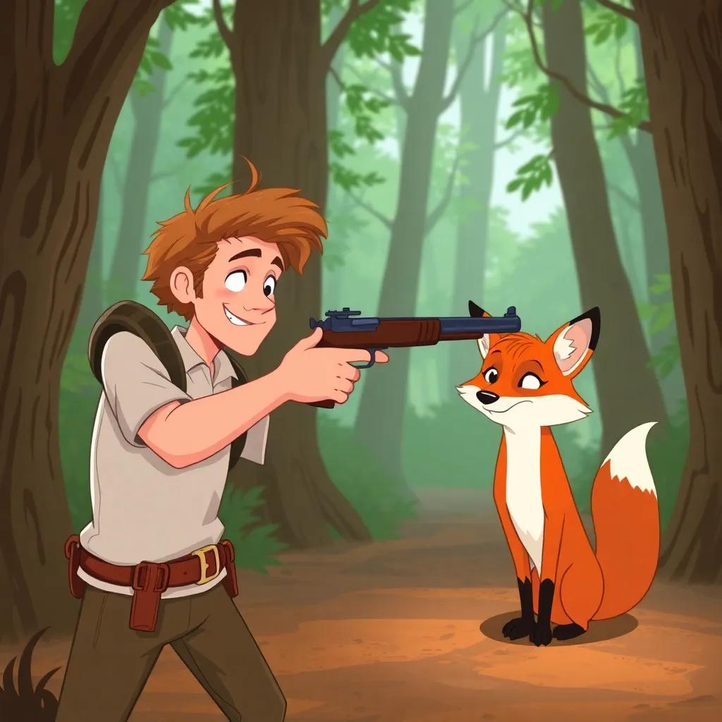 A confident eldest son, aiming a gun at a clever fox in a wood, the fox looking wise and calm, whimsical vibes, illustrated art, engaging colors