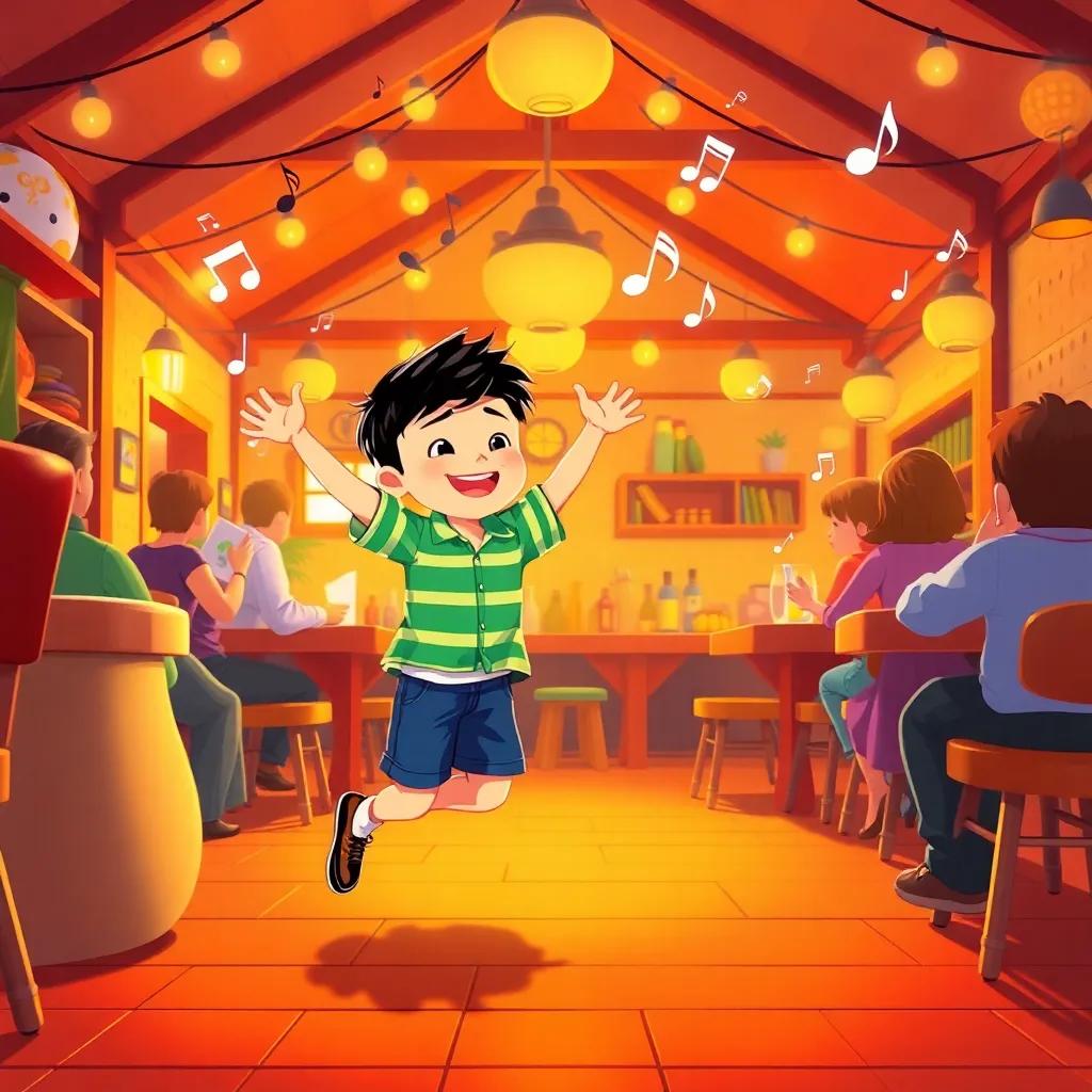 The second son in a lively inn, dancing happily, music notes floating around, energetic scene, bright colors, joyful atmosphere, high-quality illustration