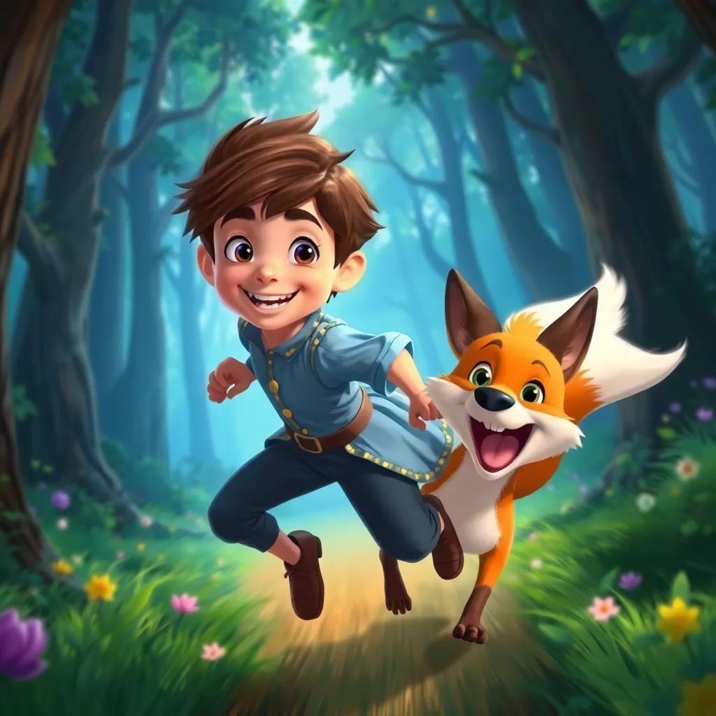 The youngest prince, grasping the fox's tail, zooming through a magical forest together, joyful expressions, vibrant colors, dynamic art style, engaging perspective