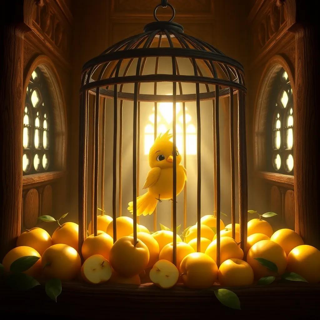 A lovely golden bird in a wooden cage within a castle room, surrounded by golden apples, enchanting light shining down, rich details, fairy-tale quality, high detail