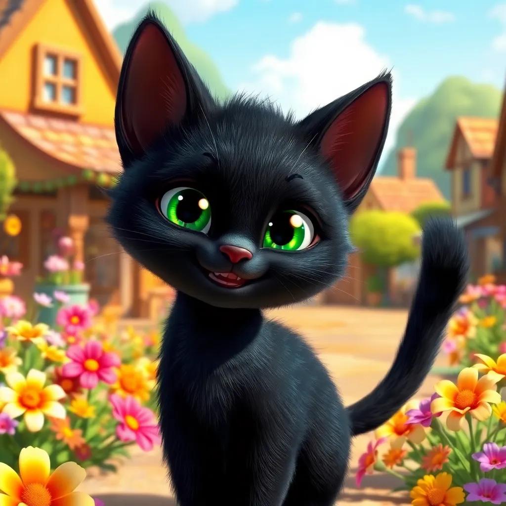 A playful little black cat named Shadow, with shiny fur and bright green eyes, standing in a sunny village surrounded by colorful flowers, joyful and mischievous, digital art, bright and cheerful colors, inviting atmosphere, high quality