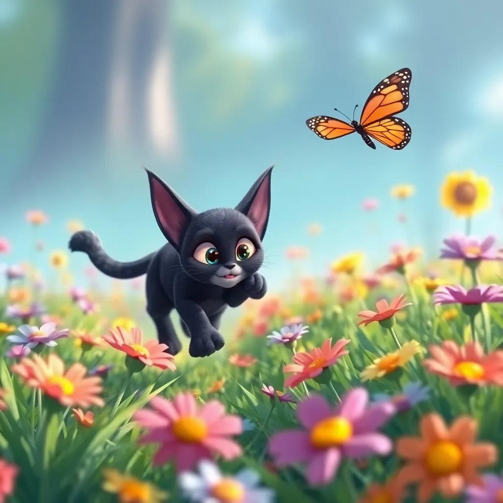 A lively scene of Shadow the cat chasing a beautiful butterfly through vibrant flower fields, the flowers swaying in the gentle breeze, illustration, colorful and bright, engaging perspective, child-friendly
