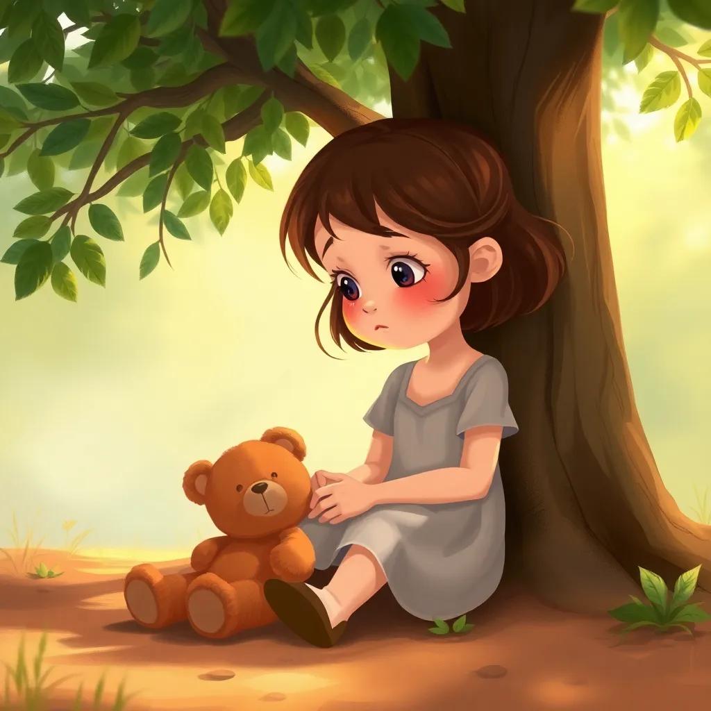 A sad little girl sitting under a tree, with tears in her eyes looking for her lost teddy bear, wearing a simple dress, her surroundings calming and nature-filled, digital painting, warm colors, heartwarming atmosphere, child-safe