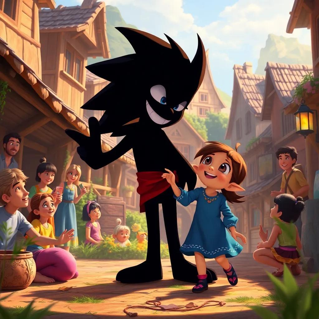 Shadow and the girl joyfully playing together in the village, with other friends joining in, everyone laughing and sharing stories, vibrant colors, warm light, happiness all around, detailed digital art