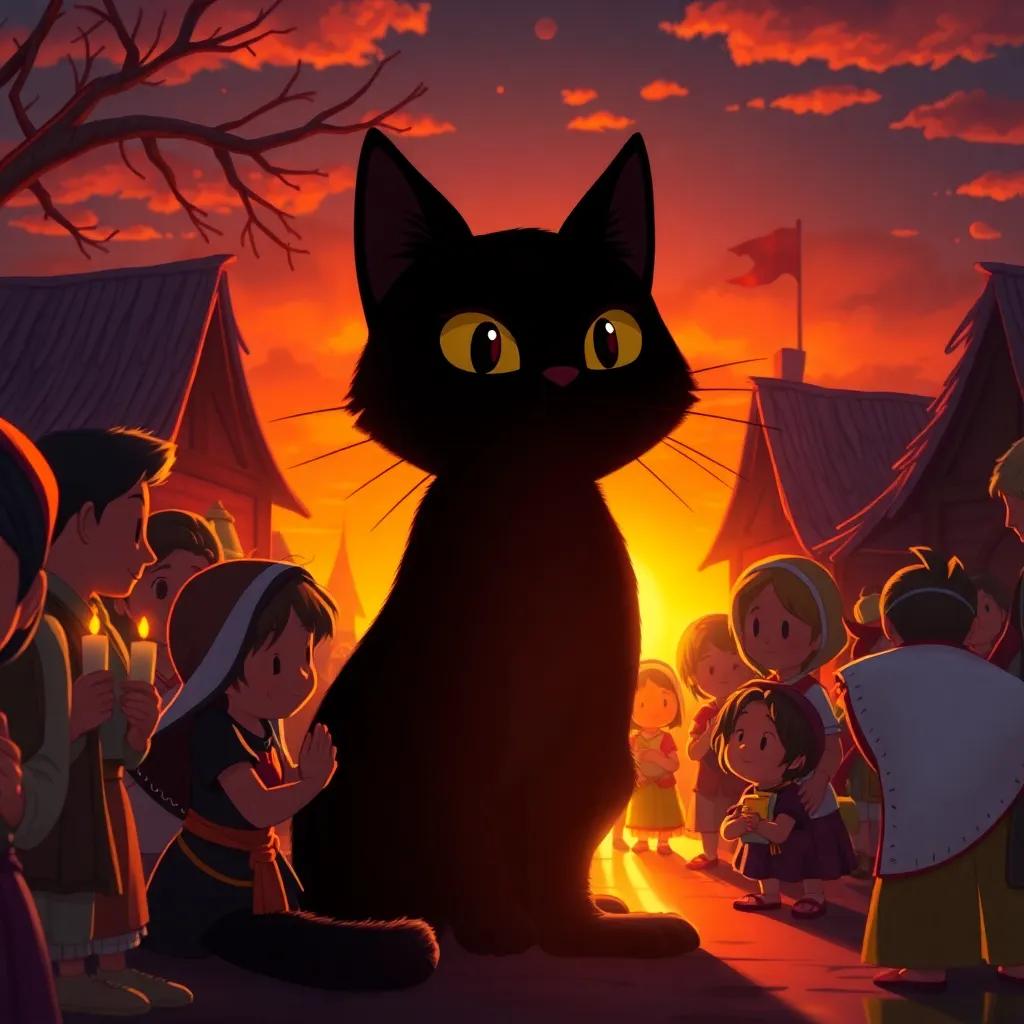 Shadow the black cat surrounded by grateful villagers, helping them, while a warm sunset creates a magical background, a happy atmosphere, inviting and convivial, high quality